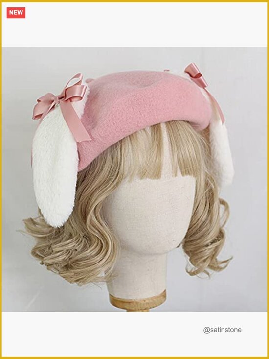 Lolita Beret Hat with Removable Bunny Ears - Soft Wool, Cute Kawaii Winter Hat
